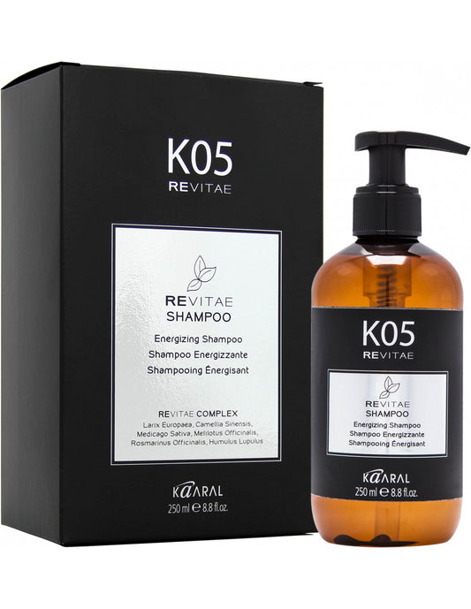 K05 REVITAE šampūnas nuo plaukų retėjimo plonėjimo (trichologinis paruošiamasis detoksikuojantis energizuojantis), 250 ml